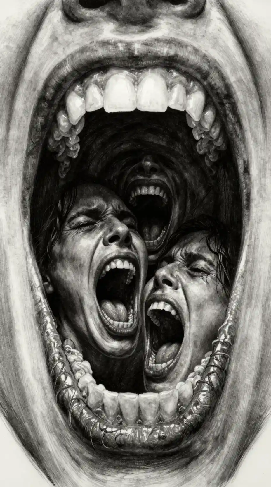 Surreal charcoal vortex of screaming mouths in extreme close up