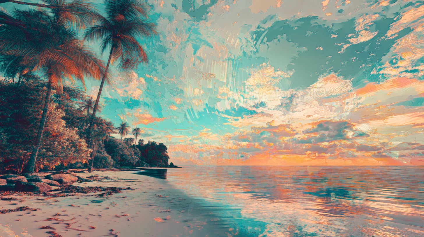 Playa surreal y serena en colores metálicos pasteles
