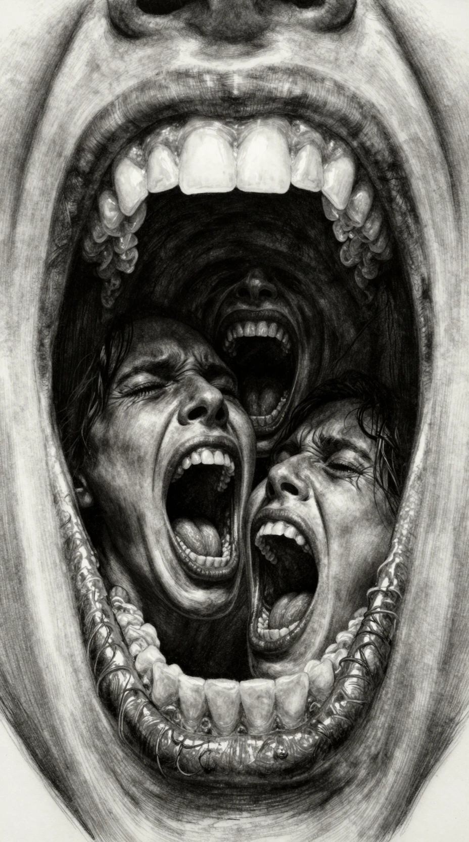 Surreal charcoal vortex of screaming mouths in extreme close up
