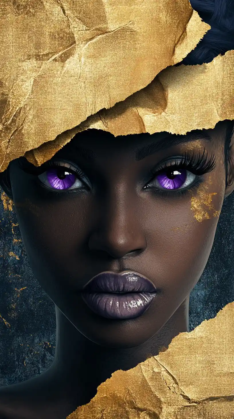 Black woman portrait with golden illustrated pages over her eyes
