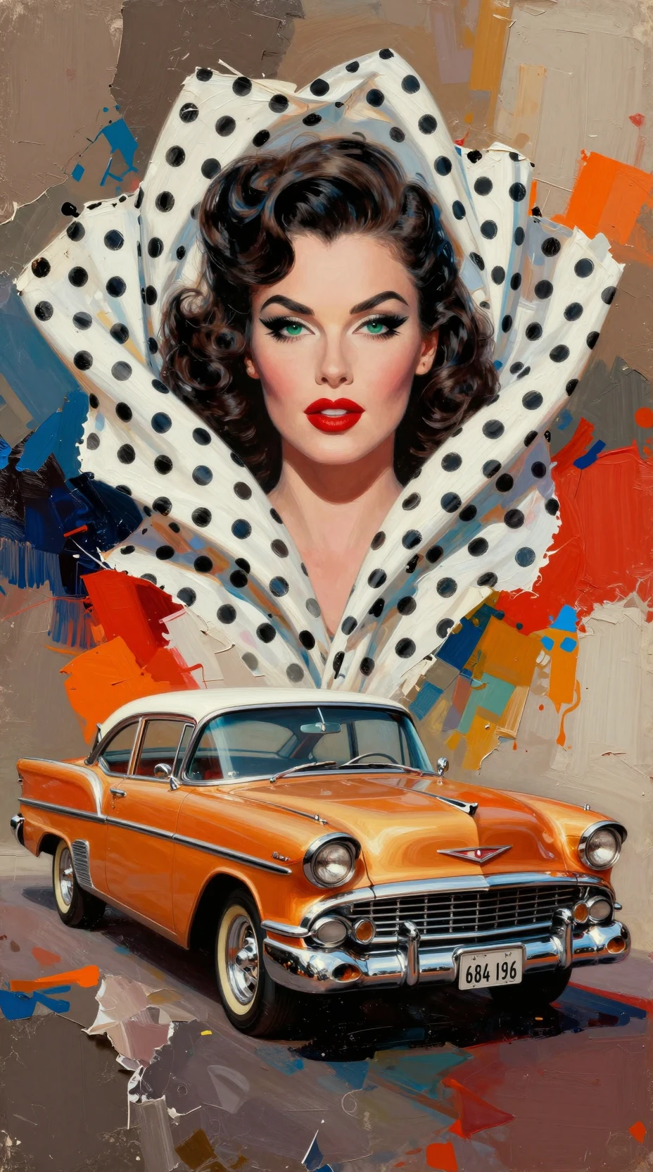 Vintage woman with dramatic makeup and classic car