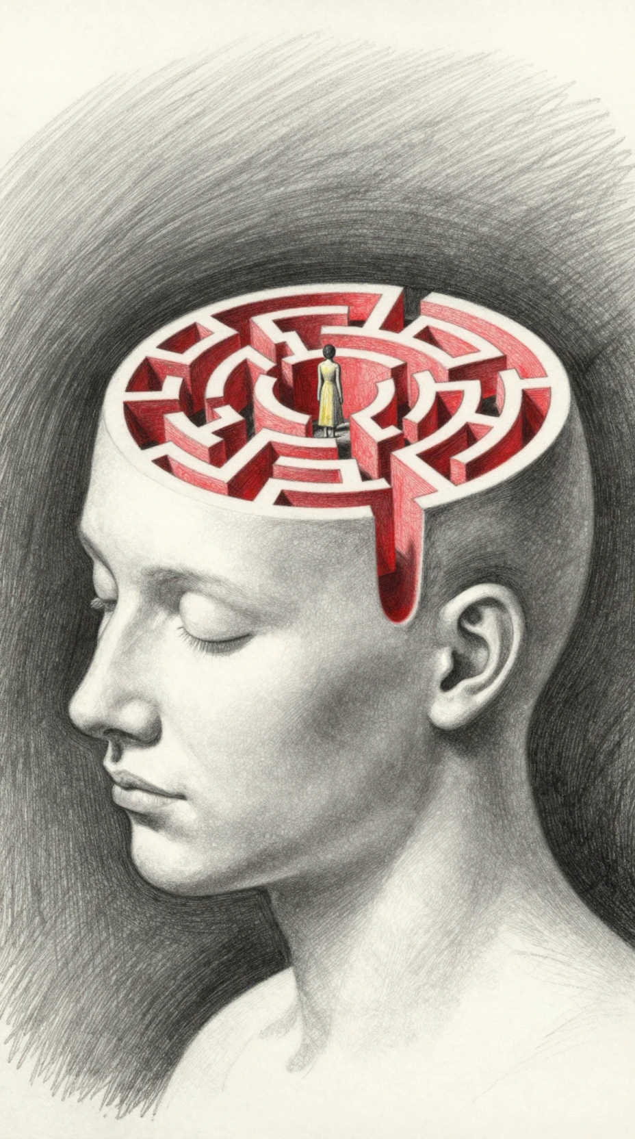 Dibujo a lápiz de una cabeza humana con laberinto interior
