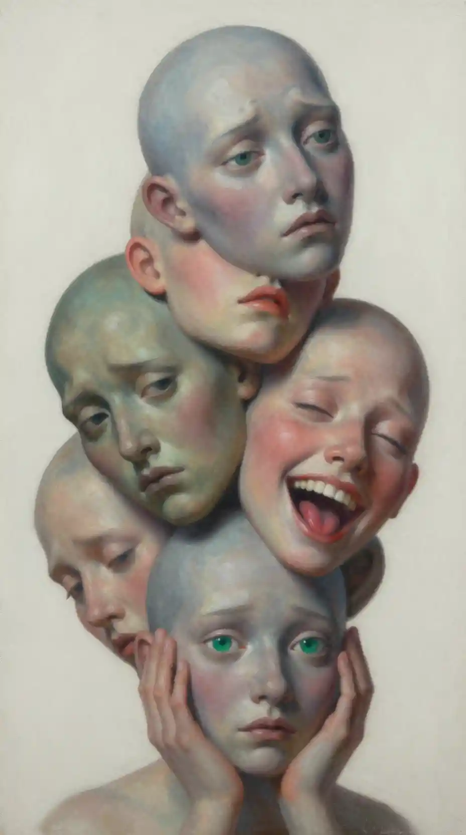 Surreal stack of expressive disembodied heads in oil painting