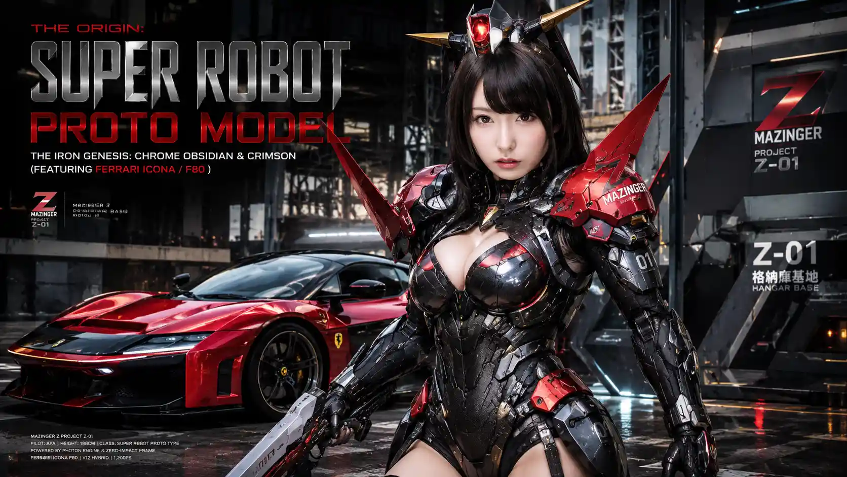 Realistic mecha suit woman posing in a futuristic city
