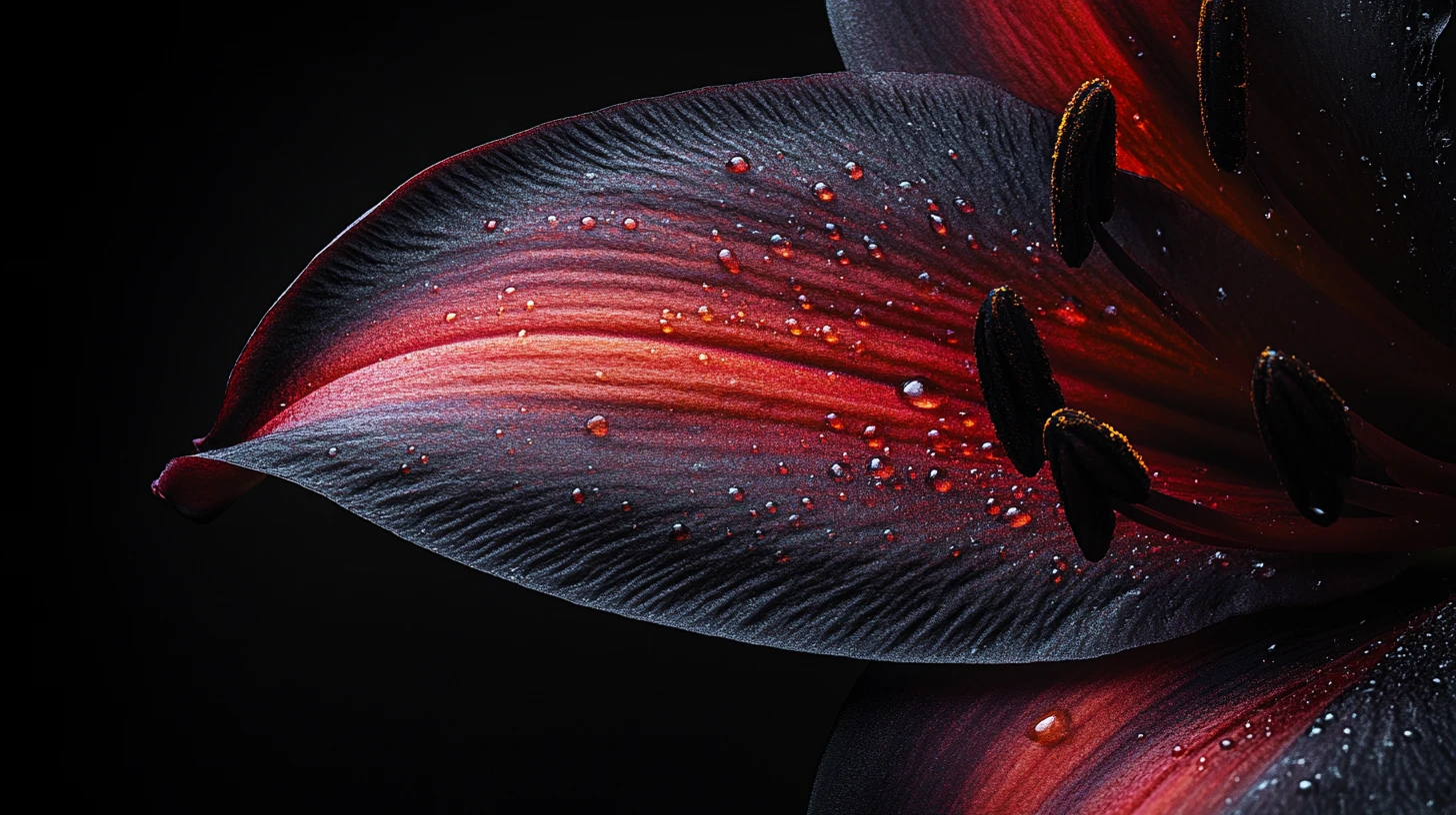 Extreme close up of dark lily petal in deep shadow