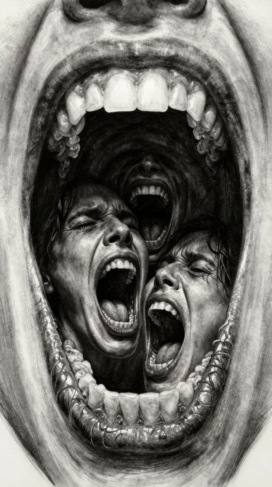 Surreal charcoal vortex of screaming mouths in extreme close up