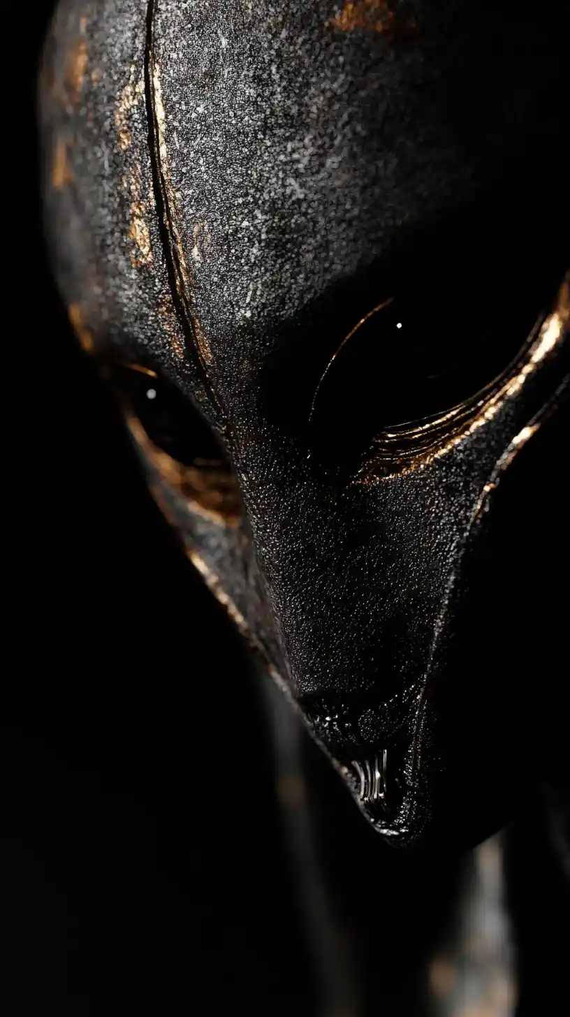 Alien face emerging from darkness in cinematic close up