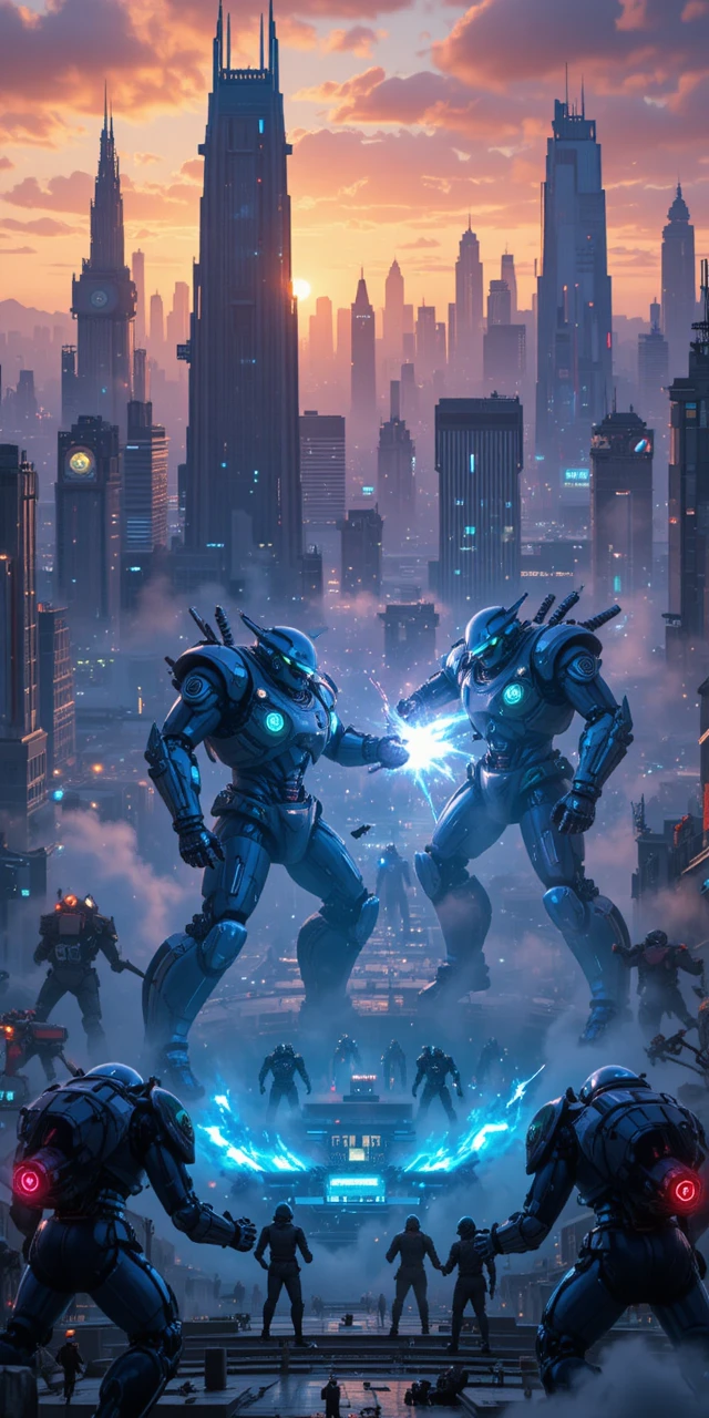 Futuristic mecha battle in a neon city arena at dusk