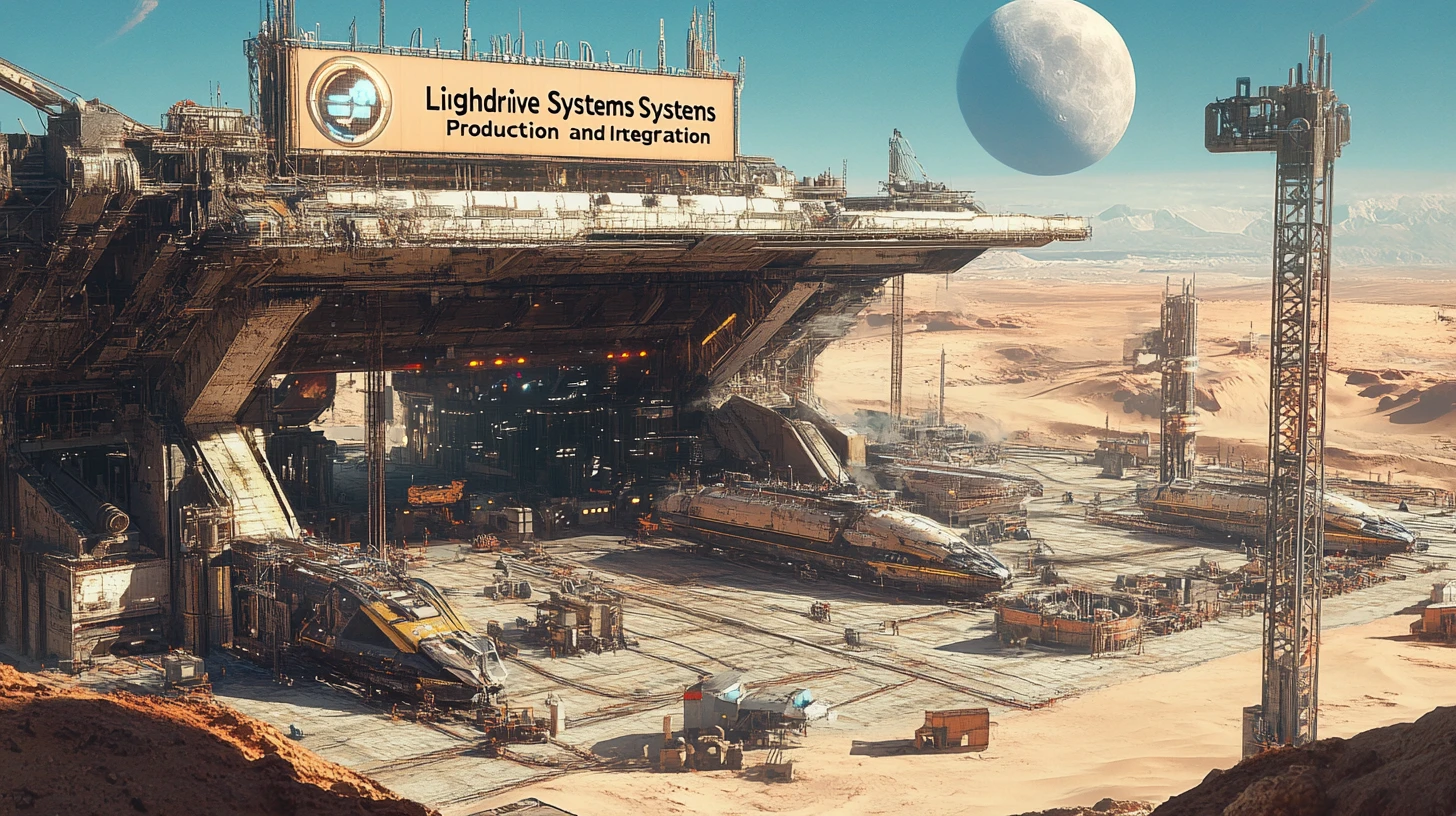 Aerial view of colossal spaceship shipyard on desert planet