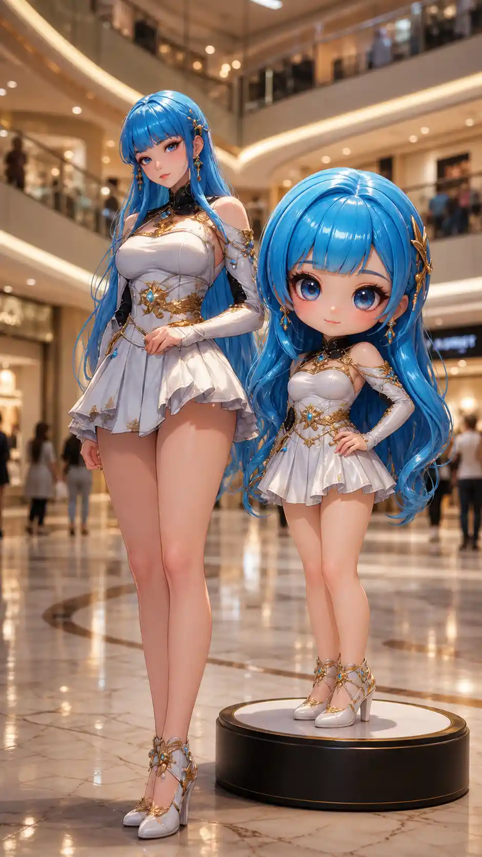 Confident woman with 3D figurine in luxury shopping mall