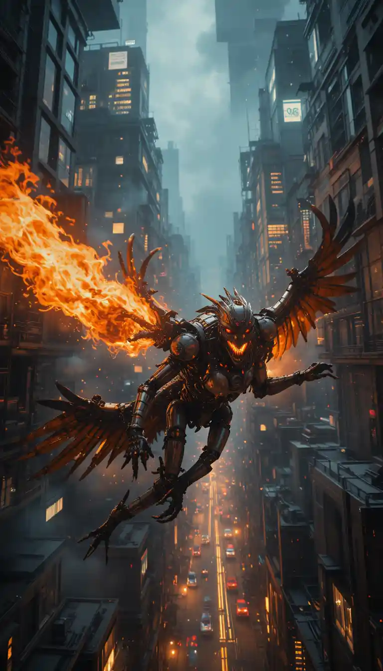 Fire Breathing Robotic Bird Attacking Futuristic Cyber City