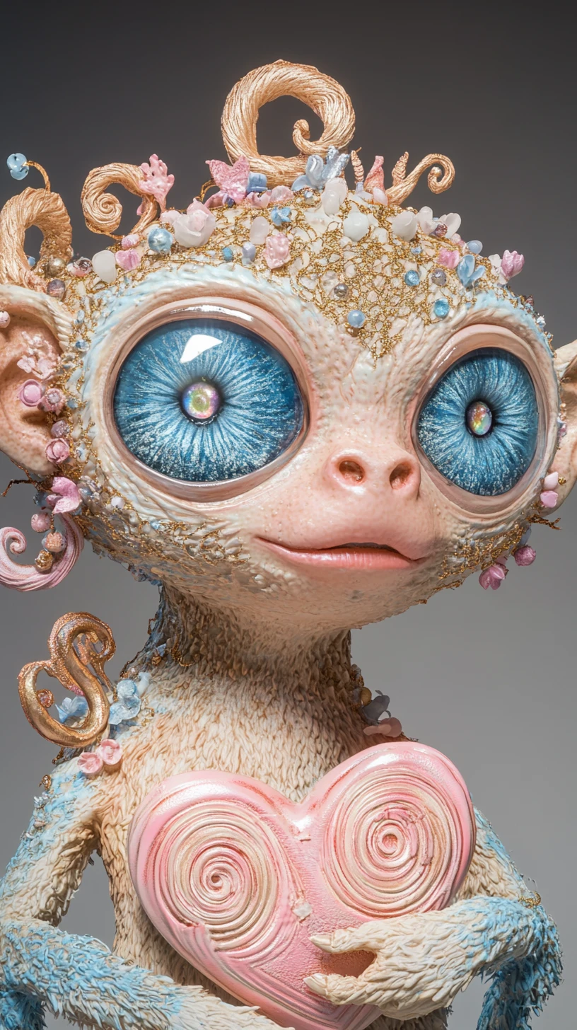 Retrato de criatura de fantasía juguetona con enormes ojos azules