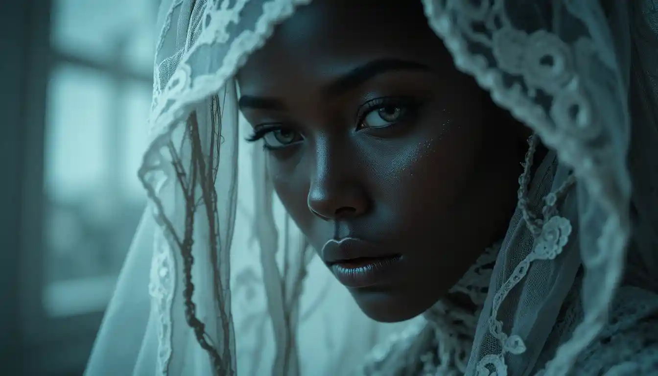 Mysterious woman with cinematic gaze and dramatic makeup