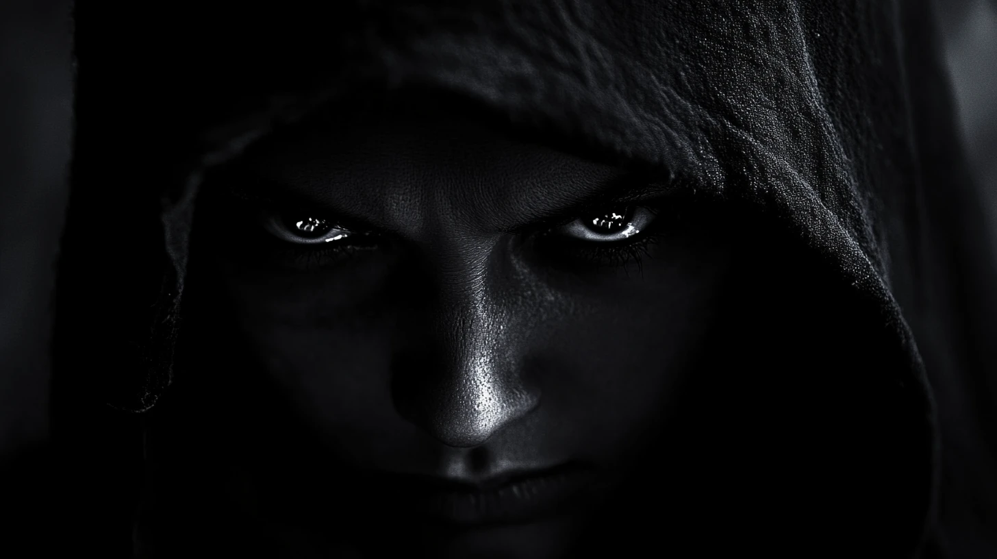 Menacing figure emerging from the shadows with blazing eyes
