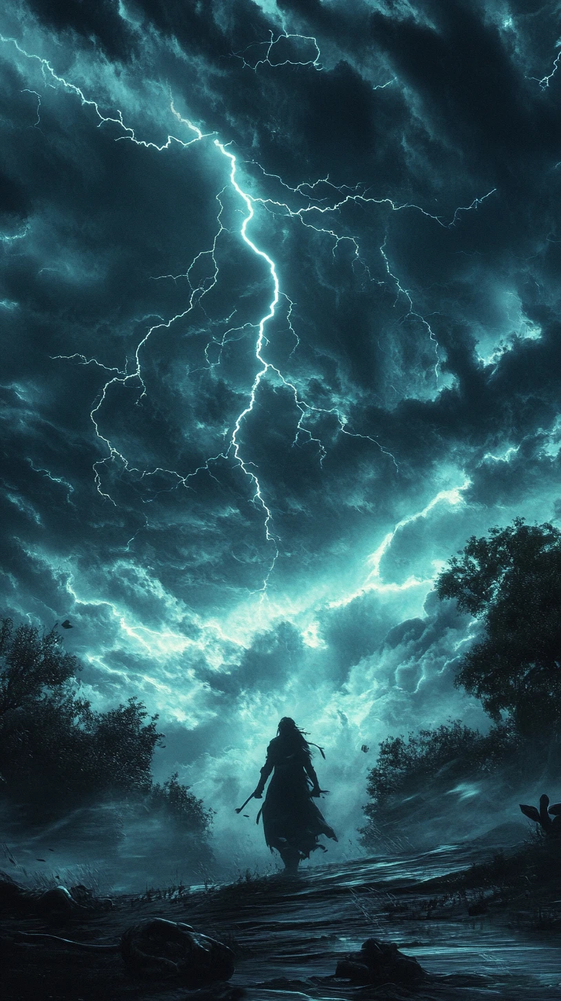 Terrified man running as lightning strikes across the world