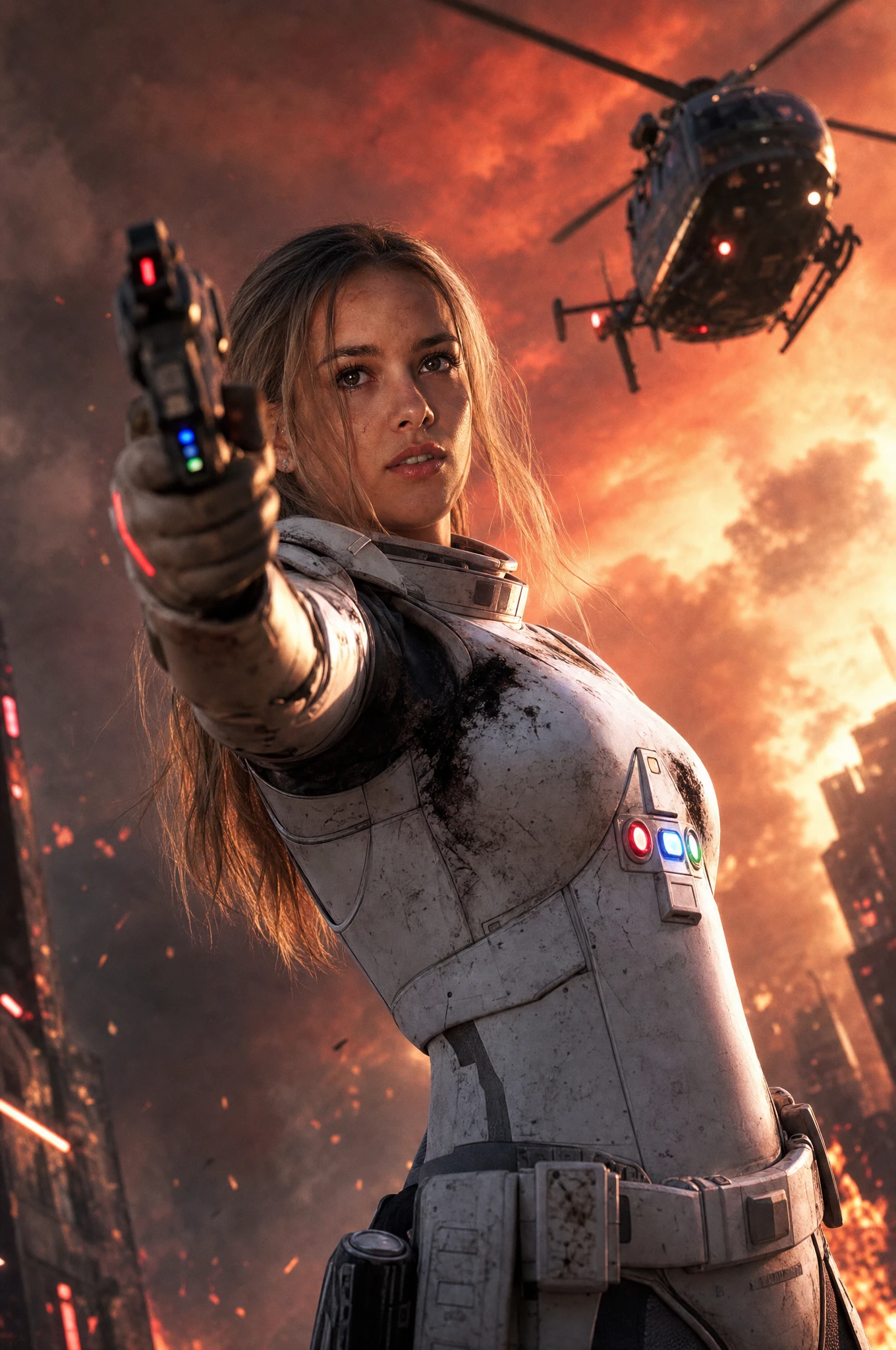 Donna in armatura sci‑fi che mira con una pistola a un elicottero nel cielo in fiamme