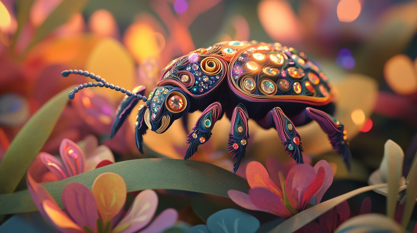 Fantasy jewel beetle on curled leaves in glowing light