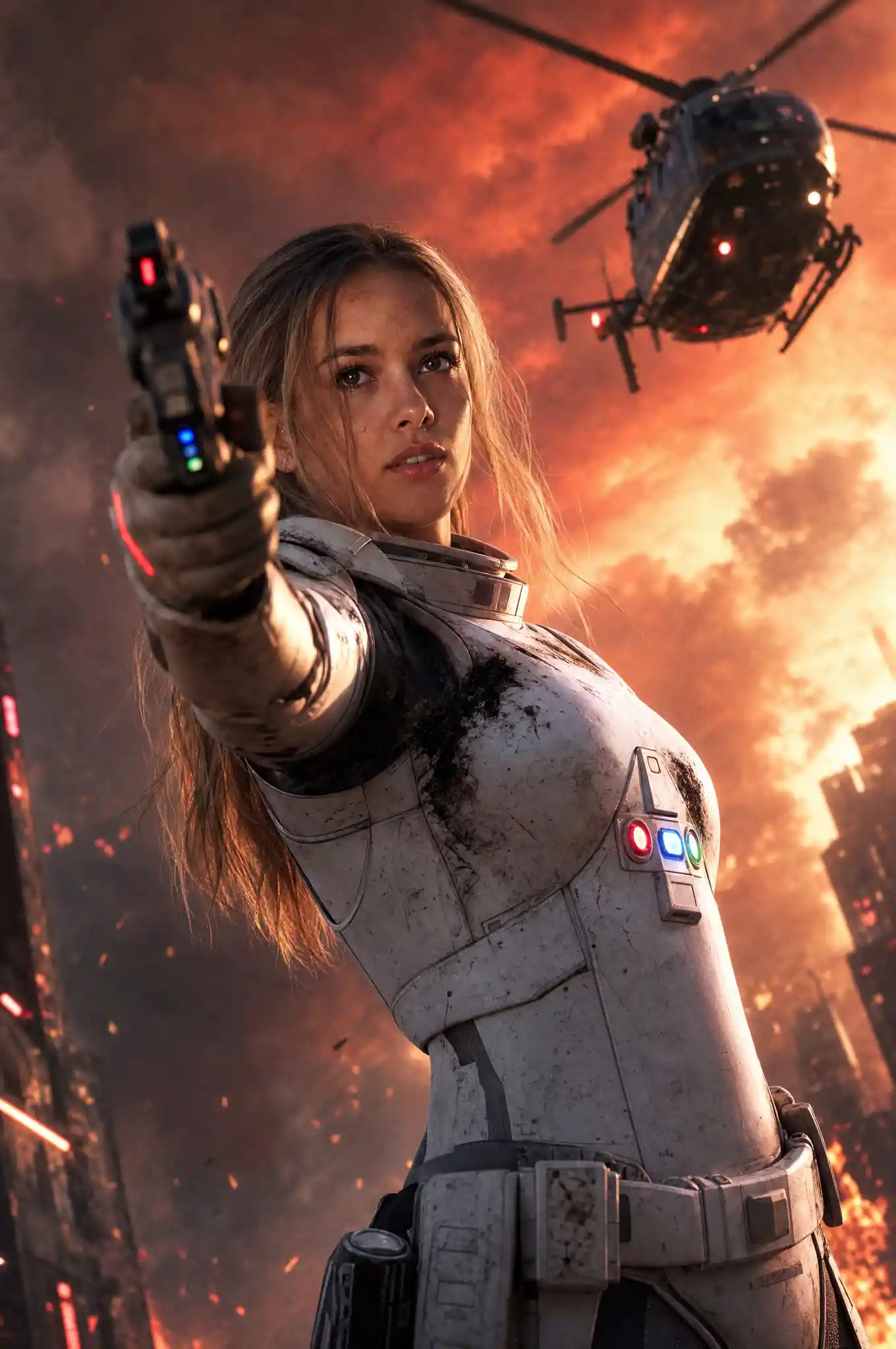 Woman in sci fi armor aiming gun at burning sky helicopter