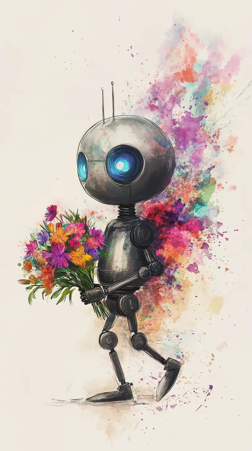 Cute metallic robot walking with a colorful flower bouquet