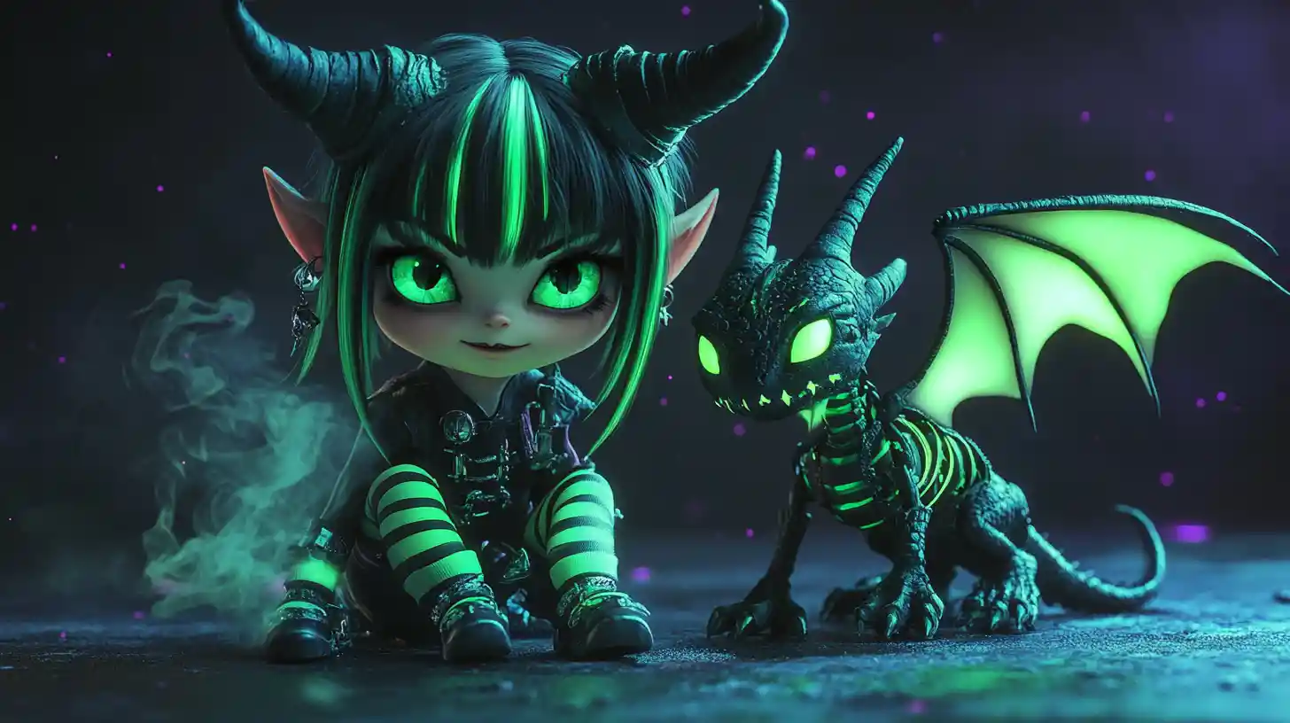 Chibi gothic demon girl with neon horns and dragon