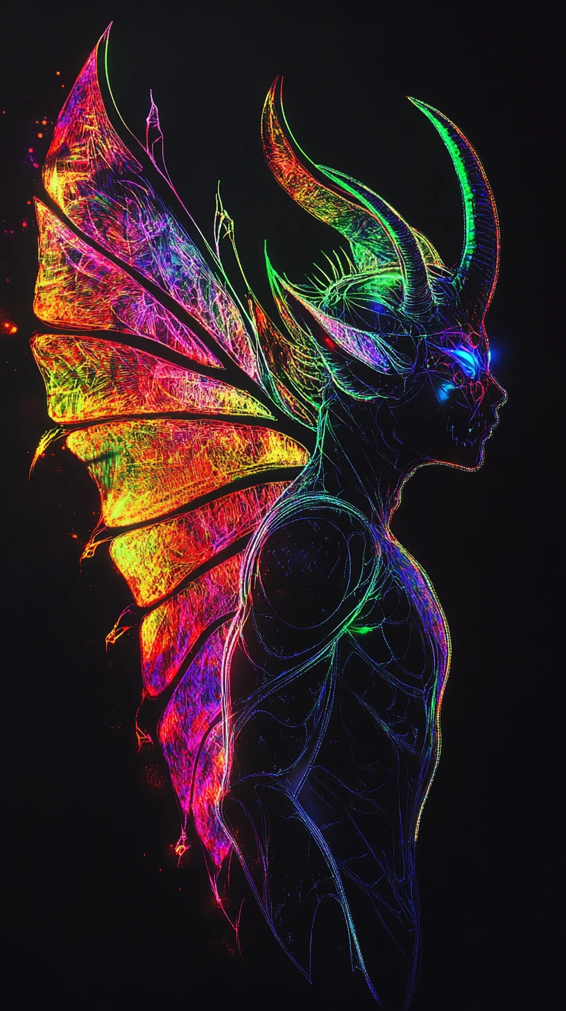 Horned winged demon silhouette with neon rainbow glow