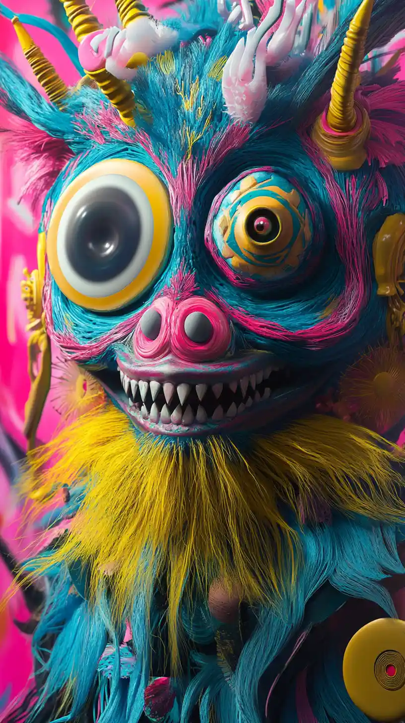 Colorful monster portrait with intense grin and gold details