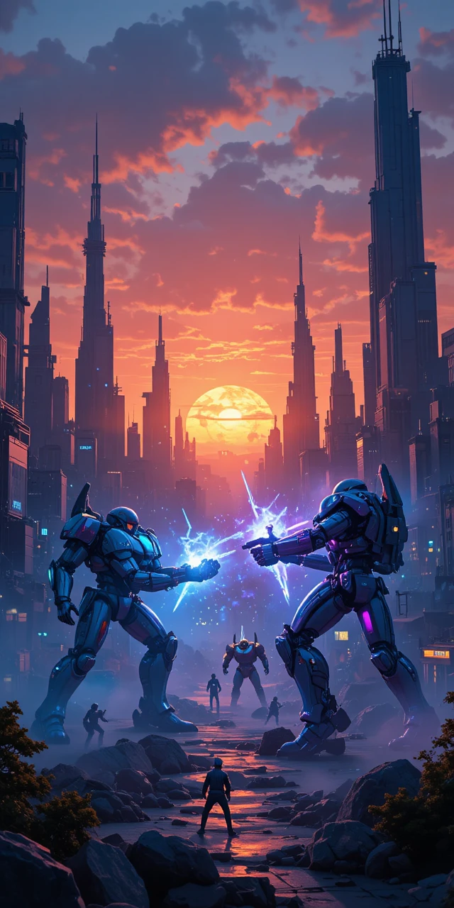 Futuristic mecha warriors battling in a neon lit city arena