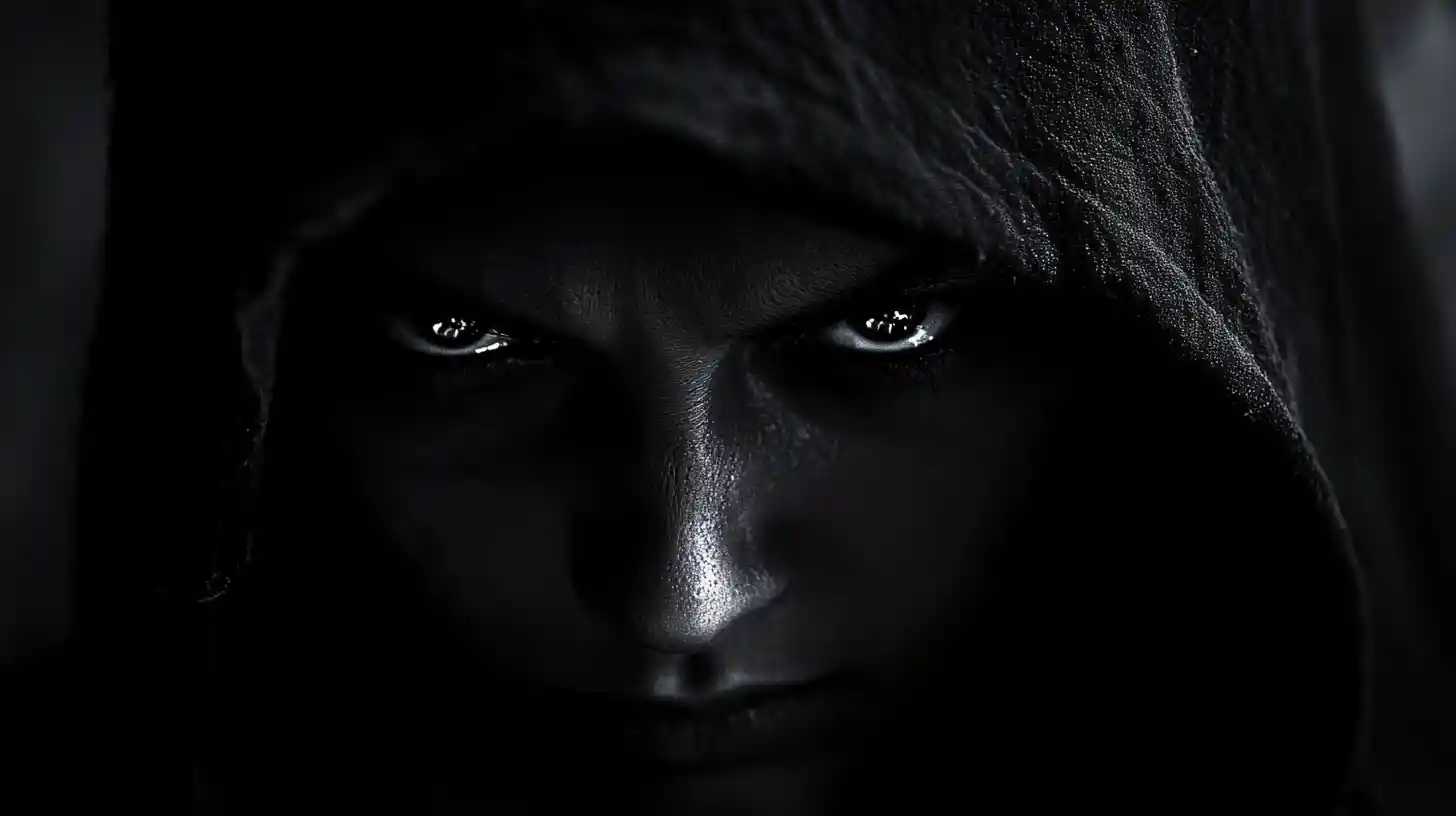 Menacing figure emerging from the shadows with blazing eyes