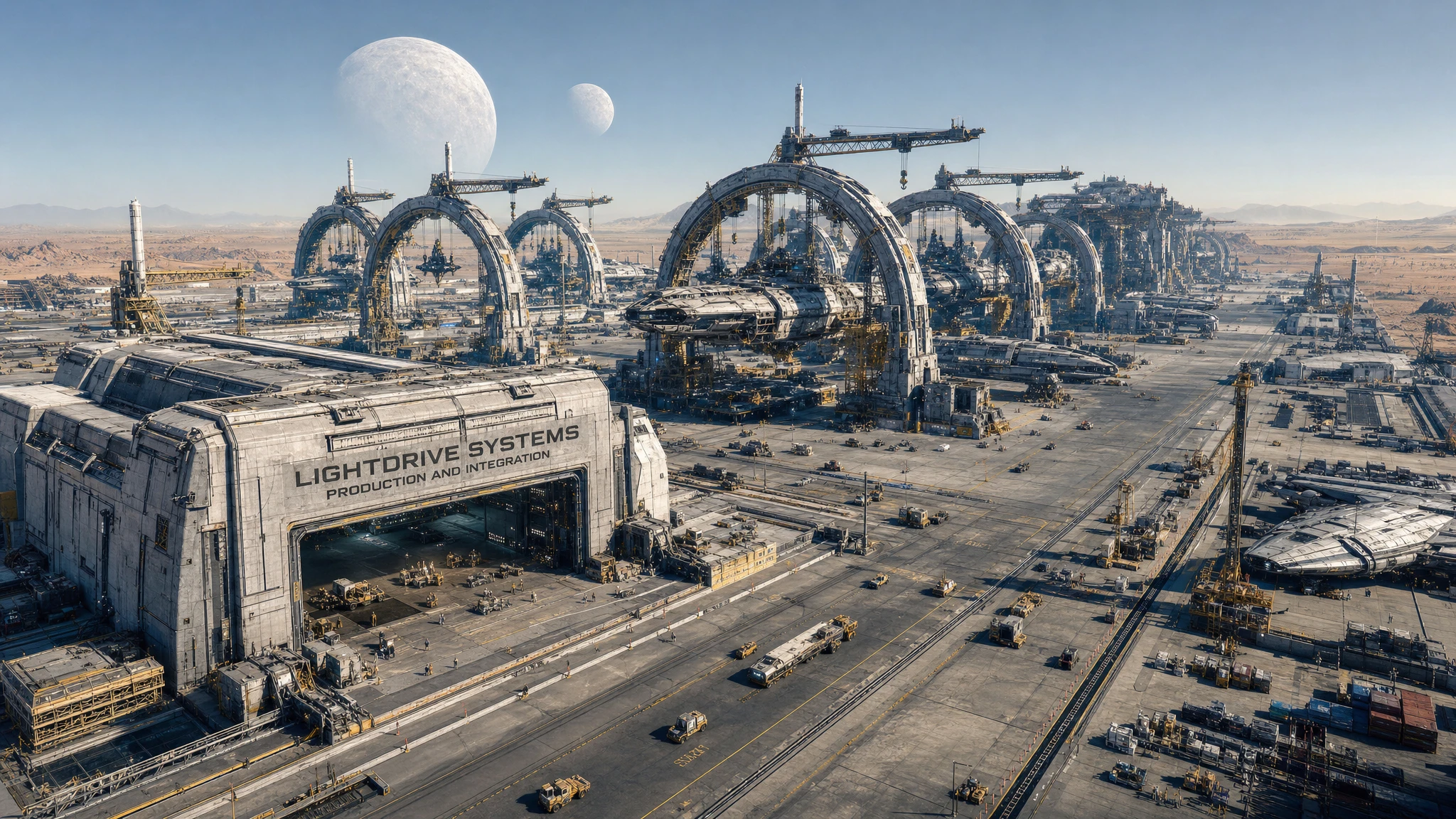 Birds eye view of a vast desert spaceship construction yard