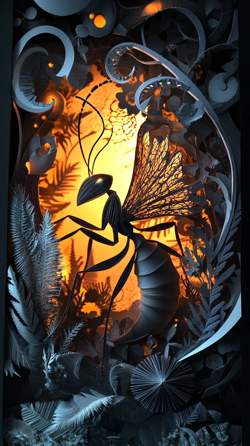 Metallic ant in an enchanted fantasy garden close up