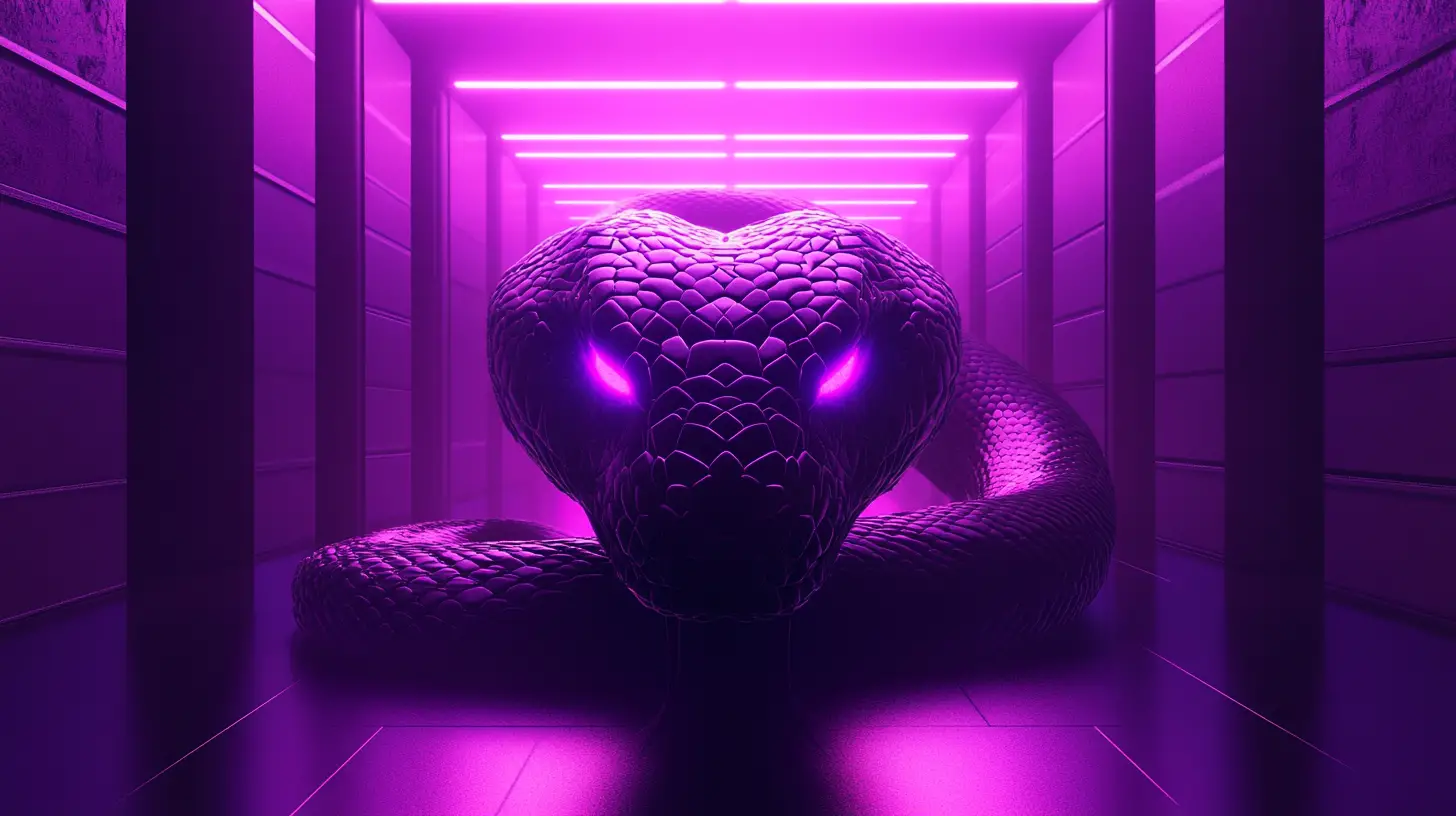 Coiled serpent glowing in a neon fantasy hallway