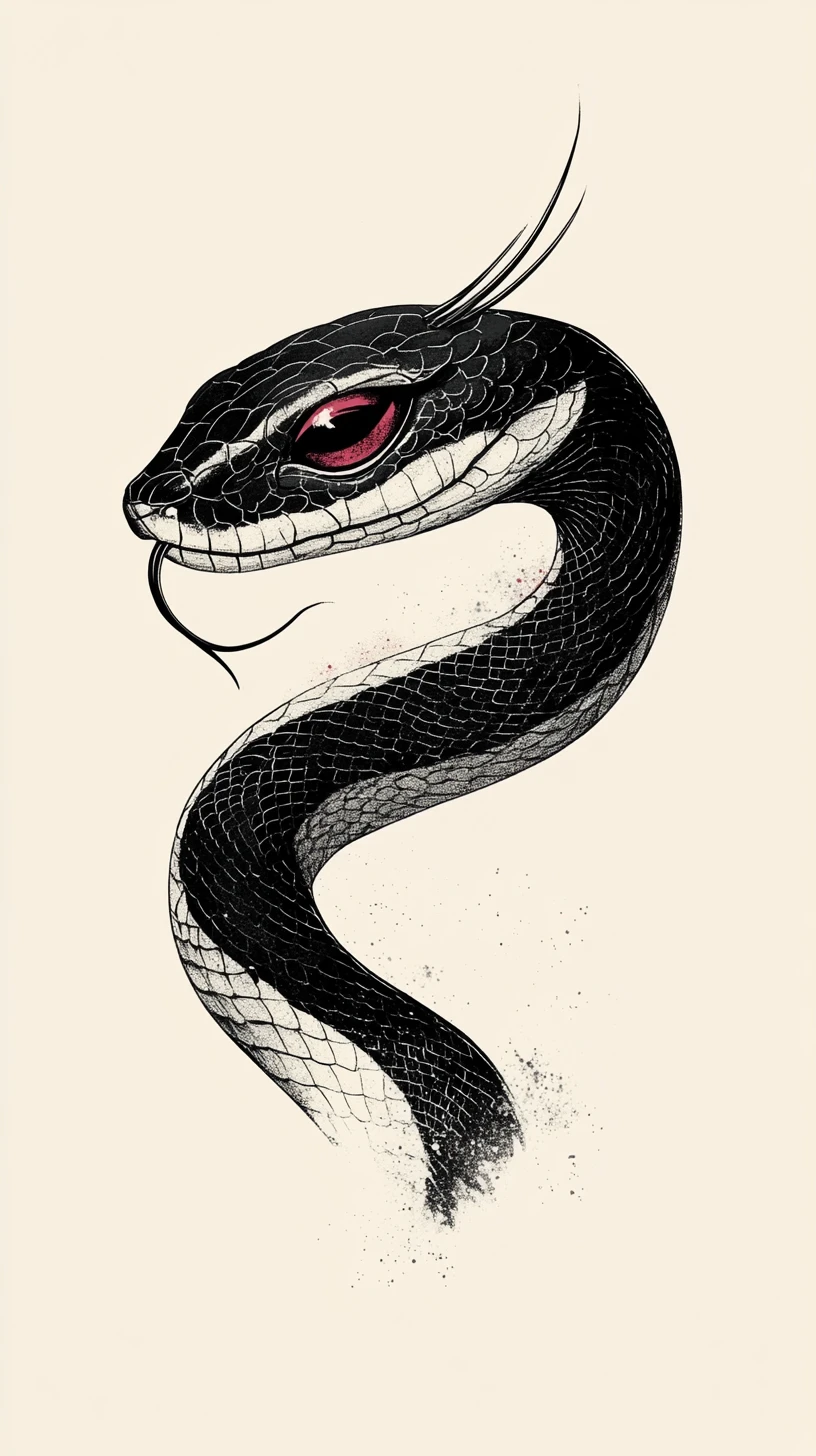 Elegant black serpent profile with ruby accents on cream