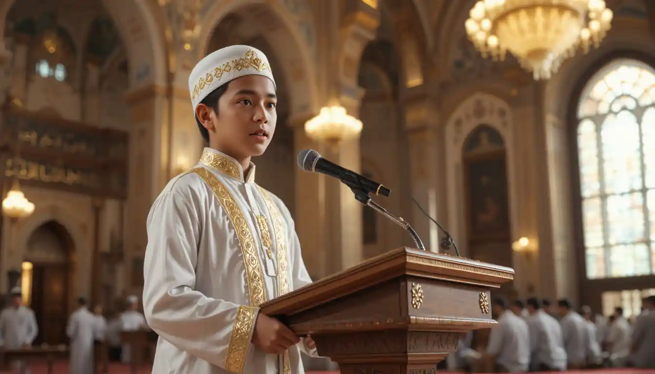 Young Muslim boy speaking confidently in a grand mosque
