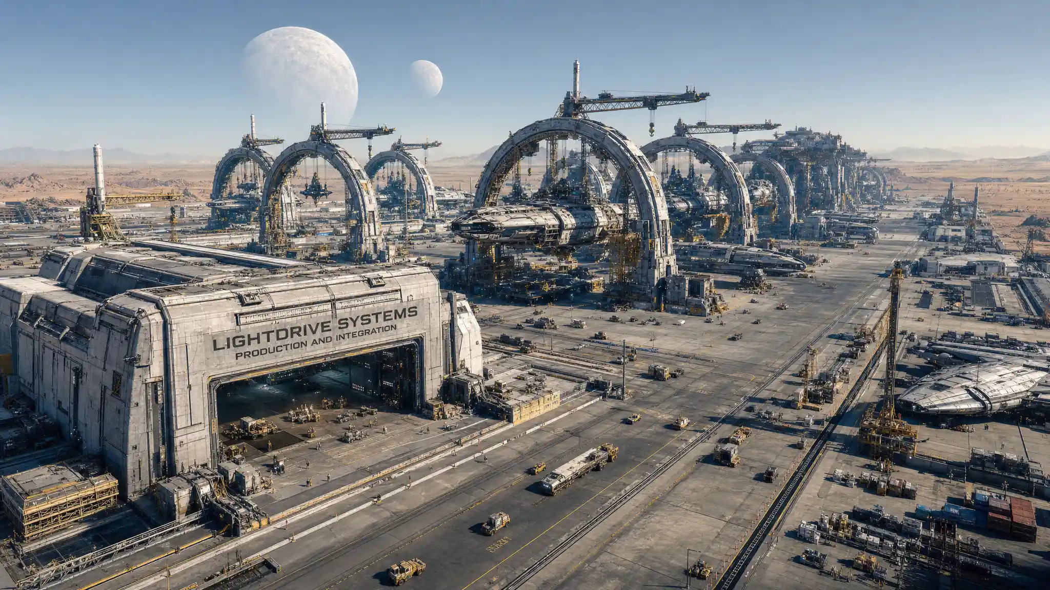 Birds eye view of a vast desert spaceship construction yard