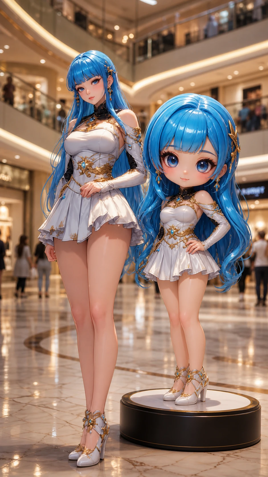 Donna sicura di sé con statuetta 3D in un centro commerciale di lusso