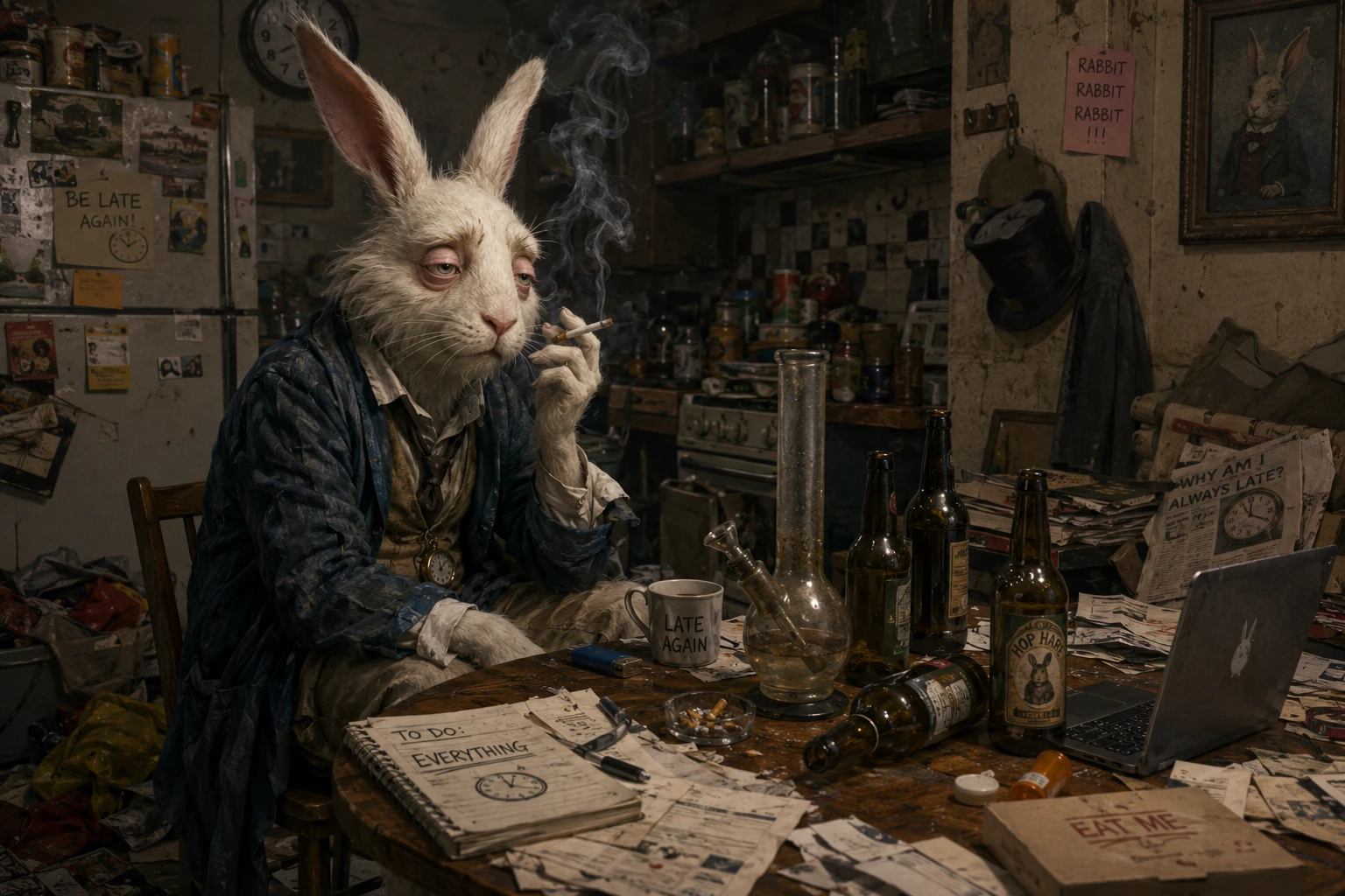 Exhausted White Rabbit Smoking Alone In A Messy Kitchen
