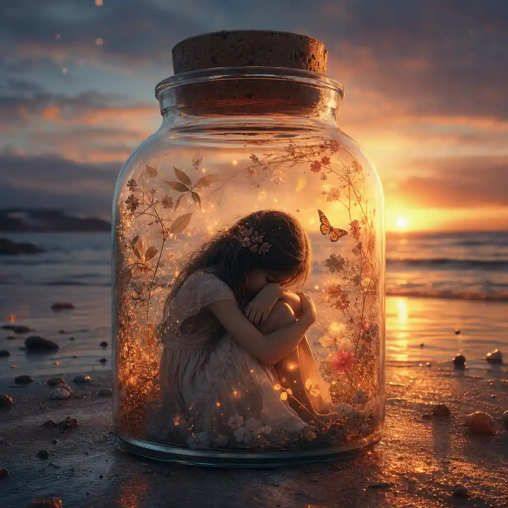 Sad young girl in a glass jar on quiet beach