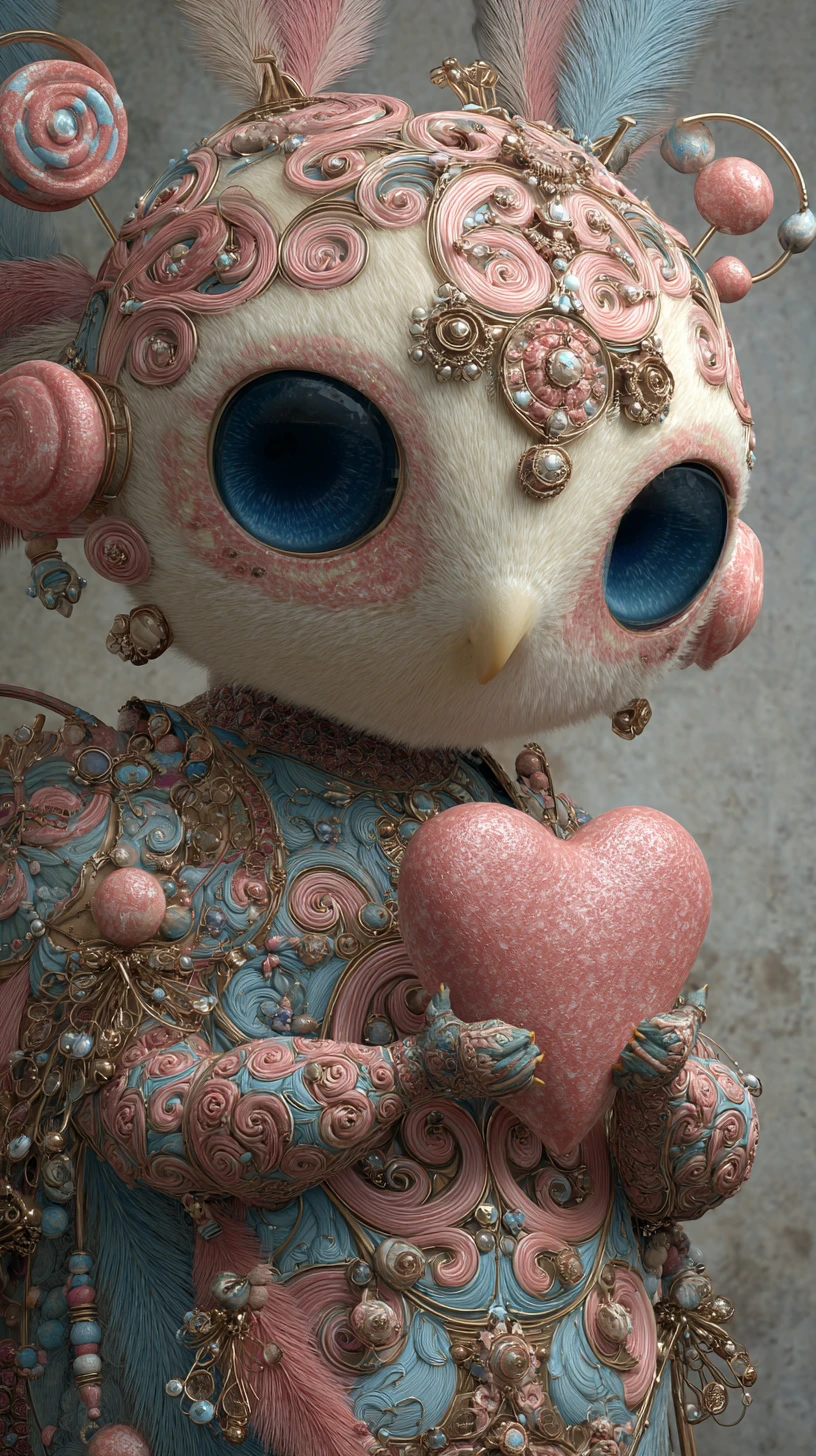 Fantasy creature with blue eyes holding a pink heart