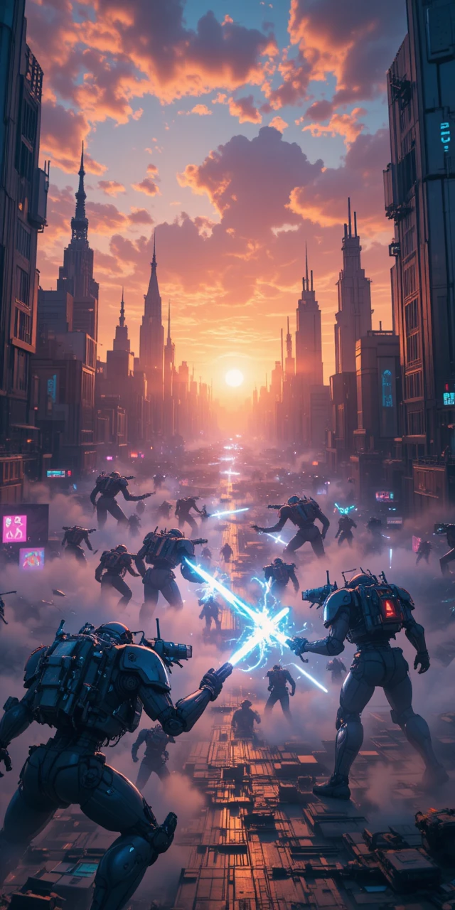 Futuristic mecha battle in a neon lit city arena at dusk