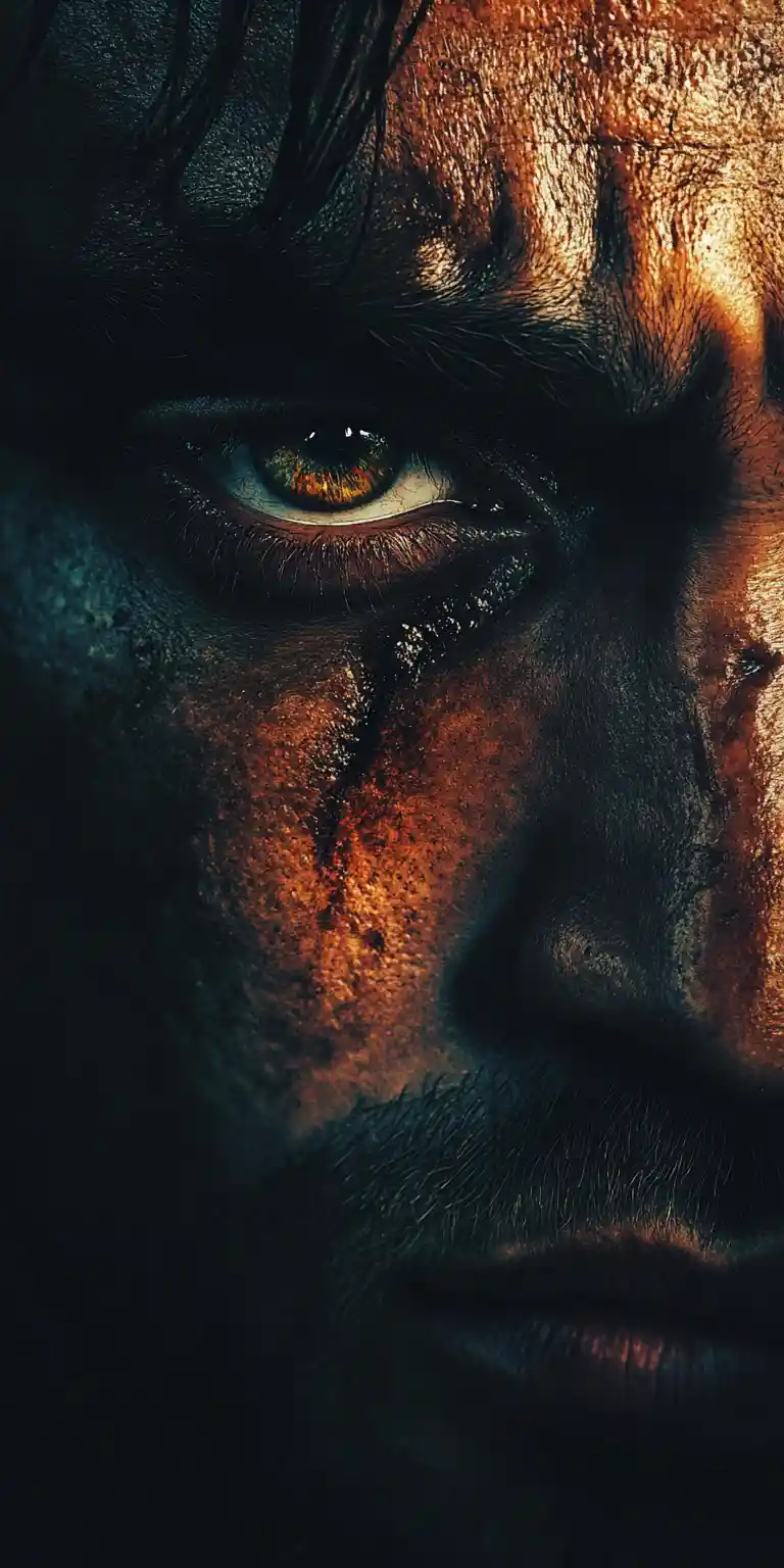 Close up portrait of a scowling man in tense darkness
