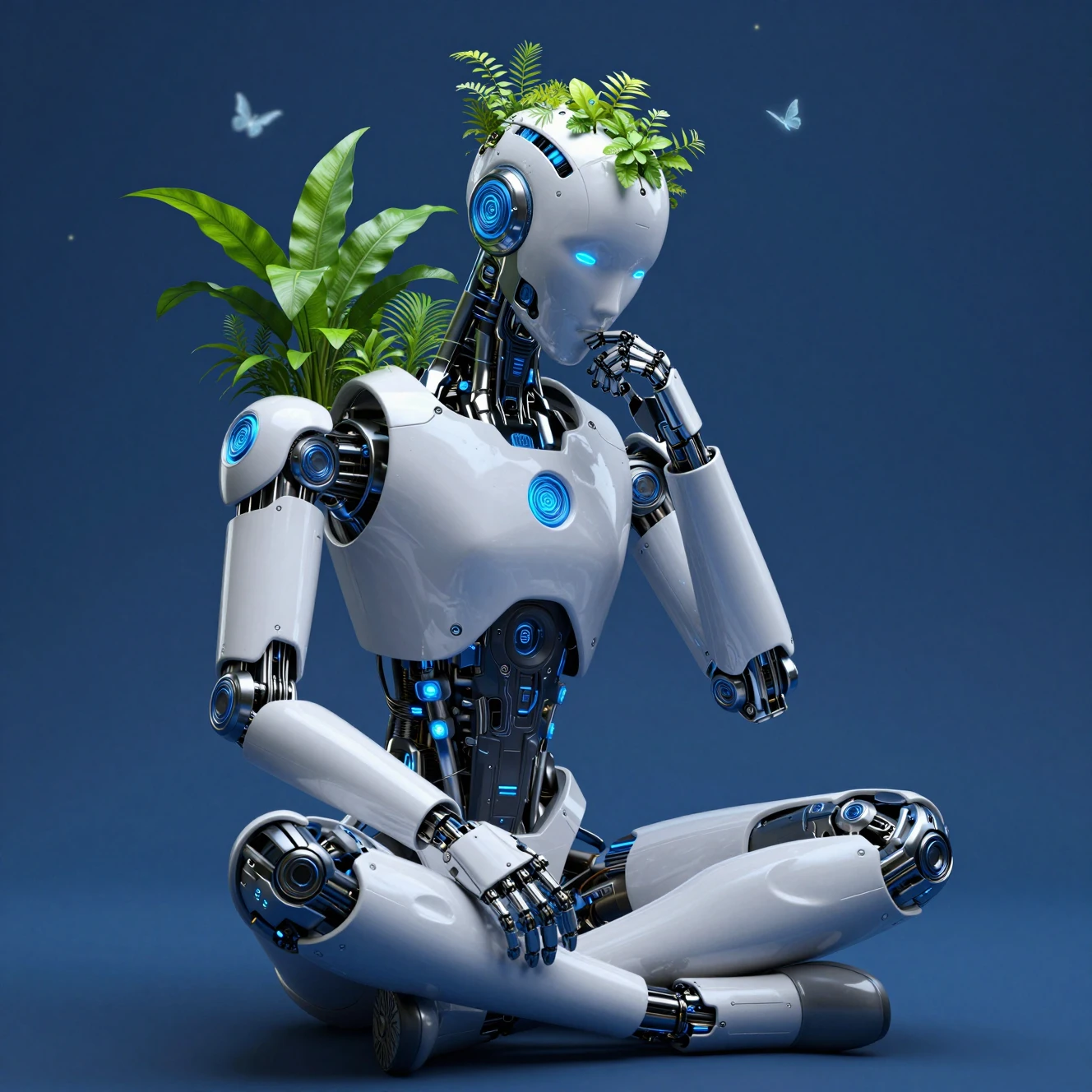 Futuristic robot meditating with plants growing from its head