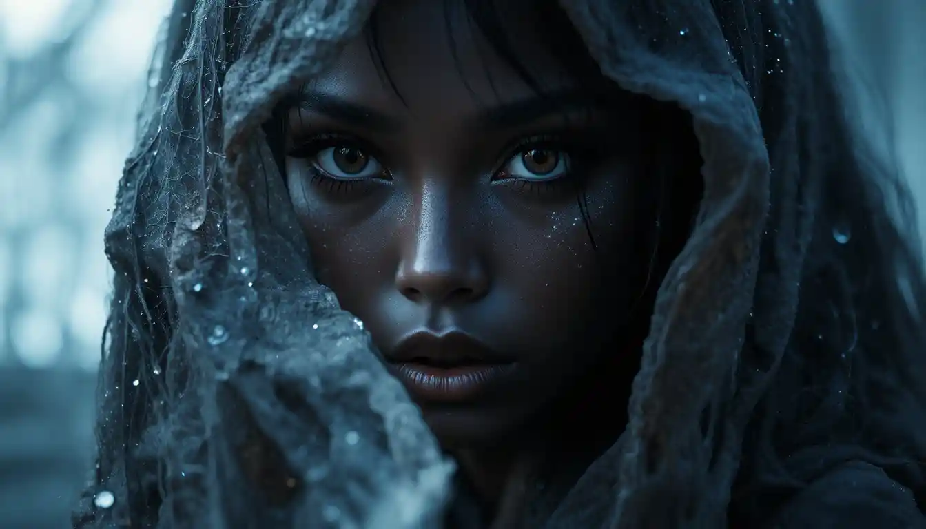 Mysterious ebony skinned woman with a dreamy poetic gaze
