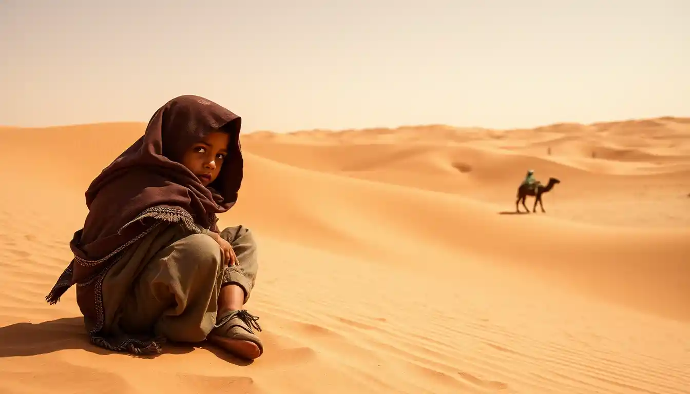 Ostrich child wandering alone in a vast desert landscape