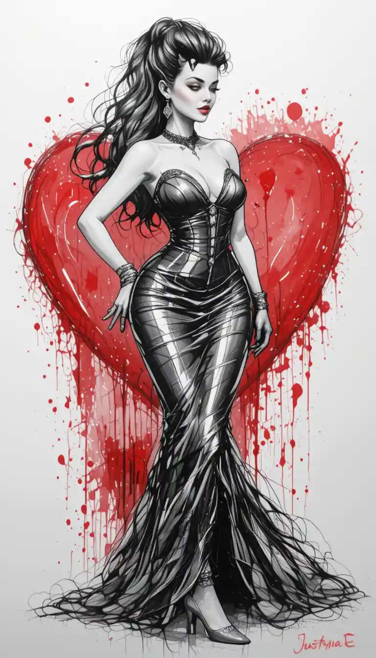 Curvy woman in corseted dress against bold heart backdrop