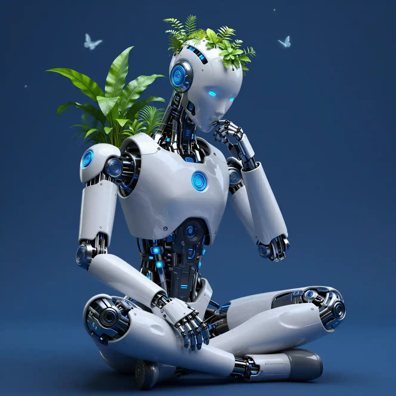 Futuristic robot meditating with plants growing from its head