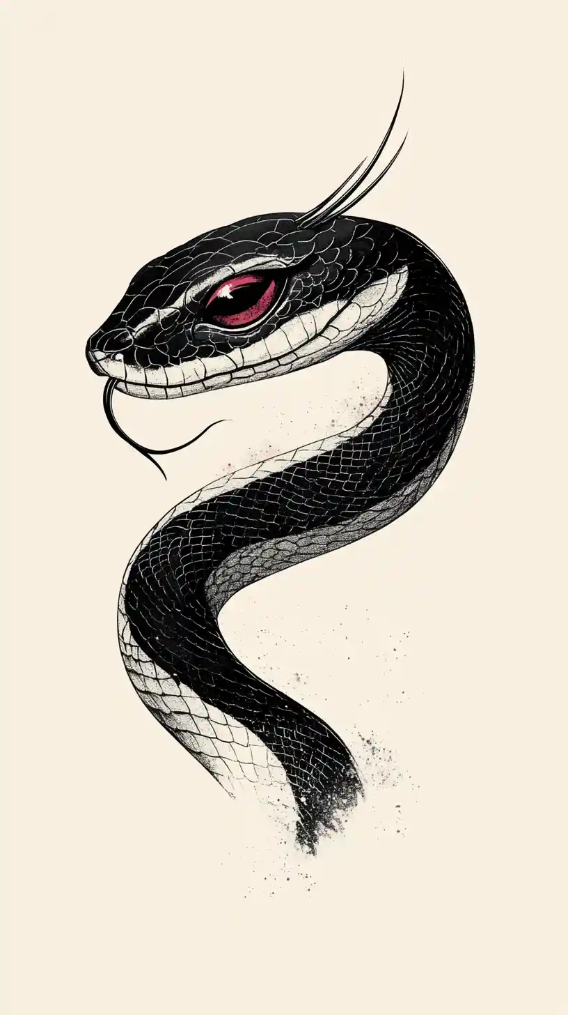 Elegant black serpent profile with ruby accents on cream