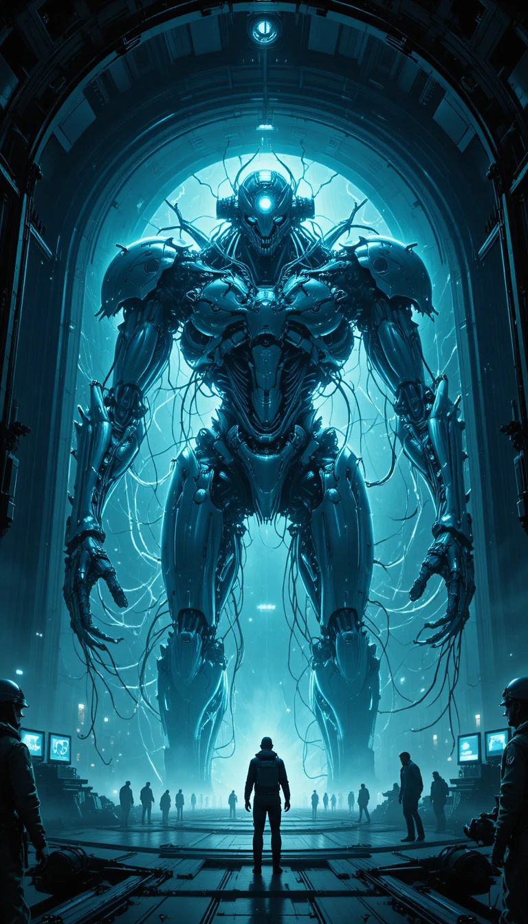 Bio mechanical mecha awakening inside a vast sci fi hangar