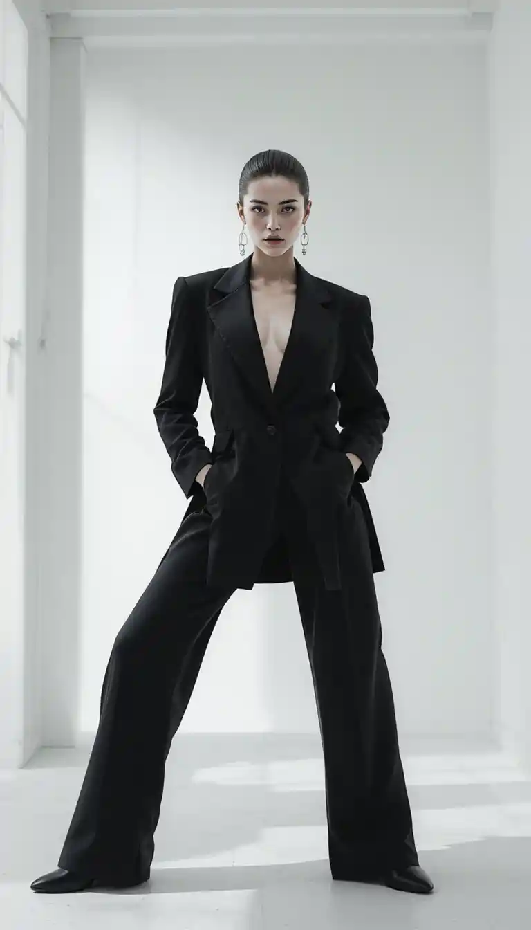 Androgynous model in black blazer in white studio