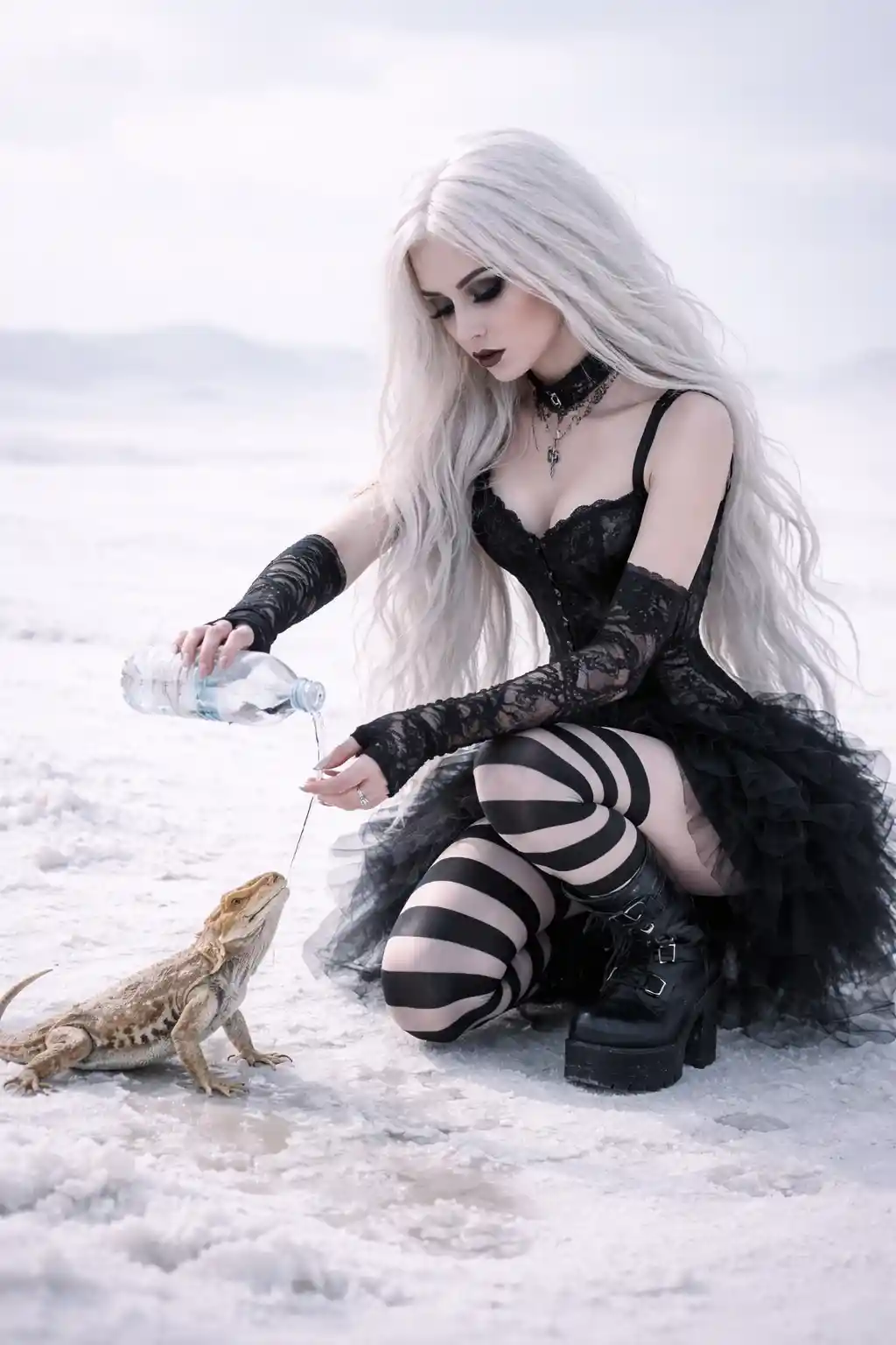 Gothic woman watering a lizard in a white desert