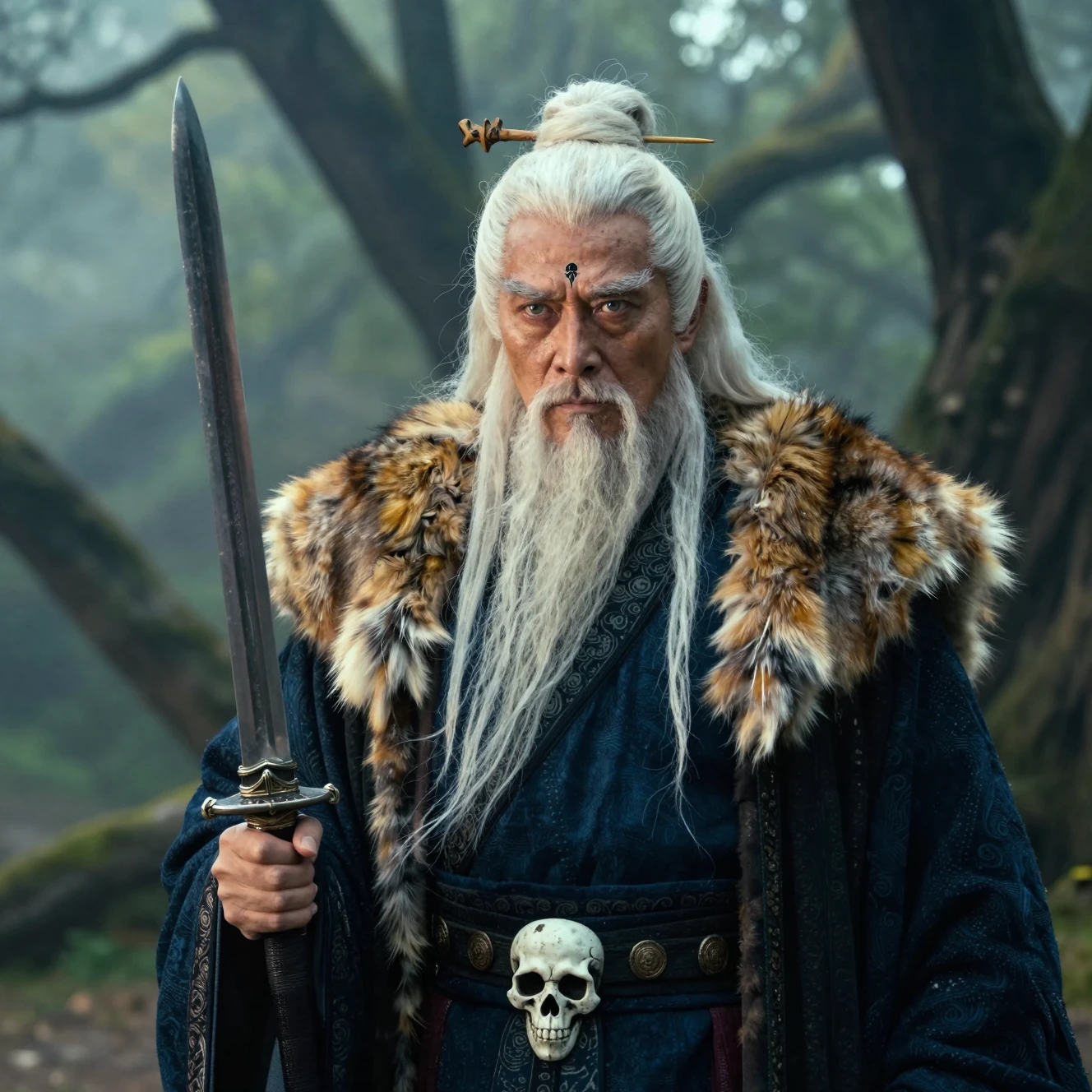Elderly fantasy warrior with sword in misty forest